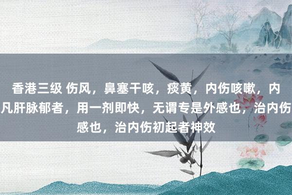 香港三级 伤风，鼻塞干咳，痰黄，内伤咳嗽，内伤散邪汤，凡肝脉郁者，用一剂即快，无谓专是外感也，治内伤初起者神效